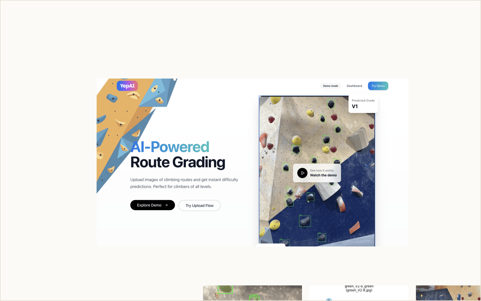 Collage of the Yepai climbing route grader website, before and after results, team, and wall samples